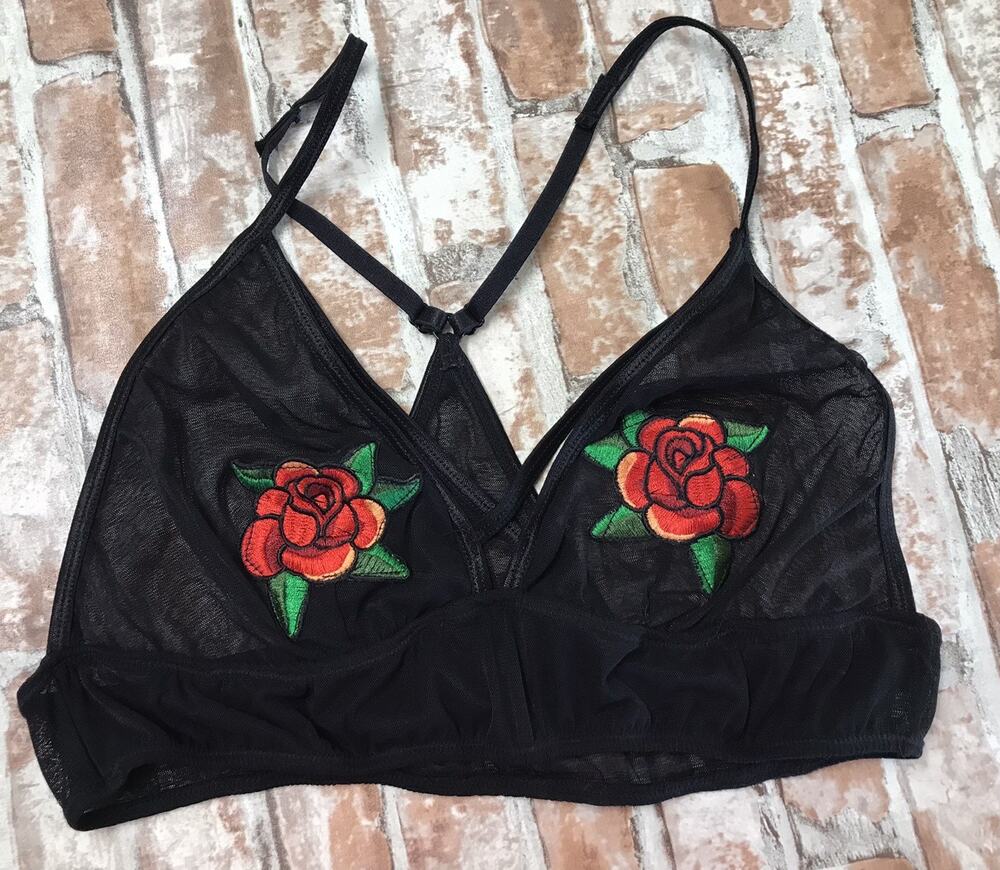 BodyRage Bra Womens Mesh Embroidered Roses Strappy Patch Size S/M Petit